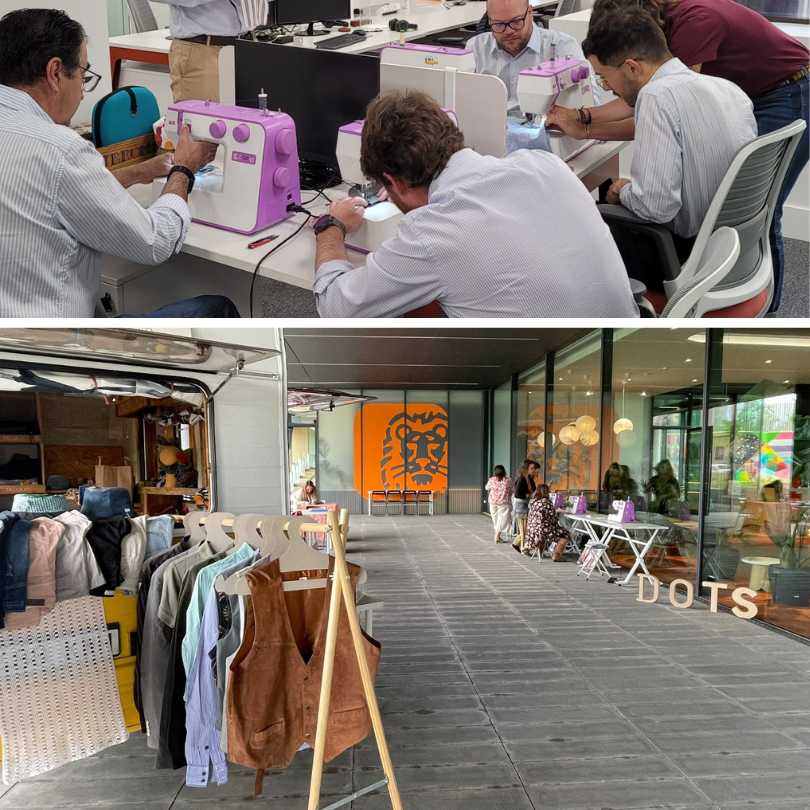Hombres de traje cosiendo en sus cubículos